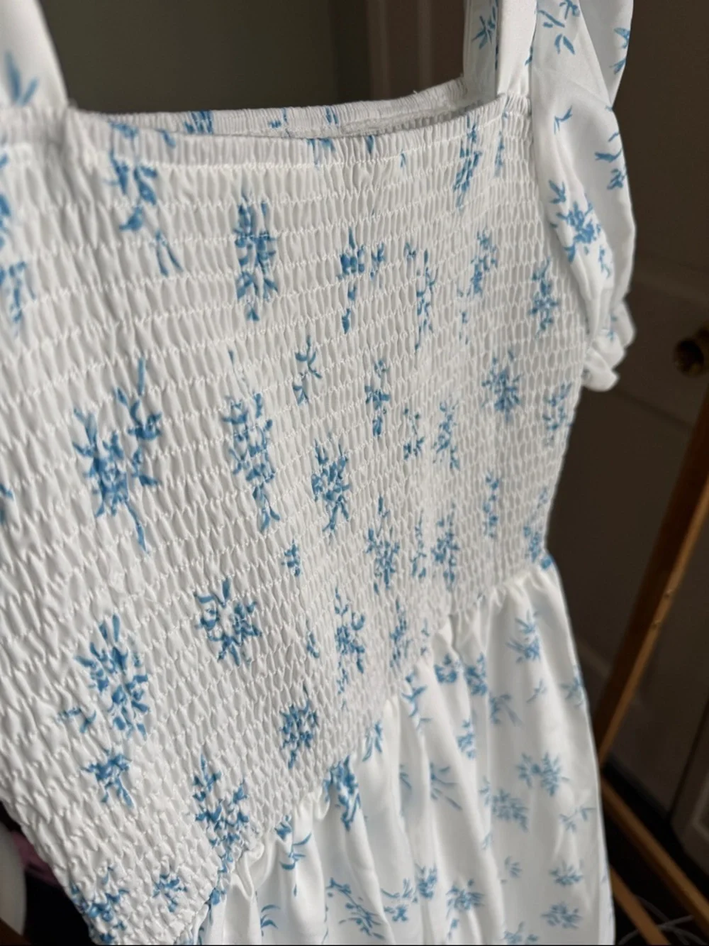White Maxi Dress with Blue Floral Print - Picture 2 of 2